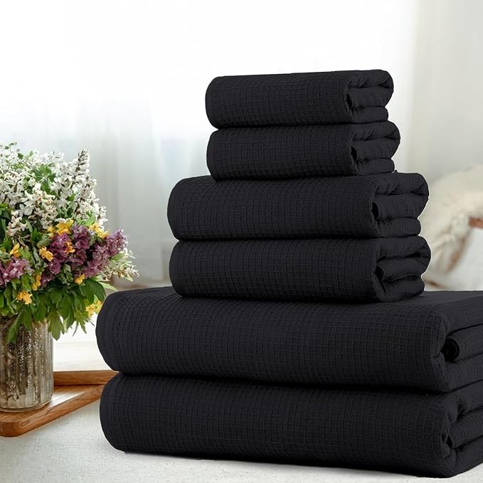 CASA COPENHAGEN Waffle 6Pcs 100% Egyptian Cotton Large Designer Towels Gift Set- Black, 2Bath 2Hand 2Washcloths, Bath Towels for Bathroom (Box Pack, Set for Women & Men)