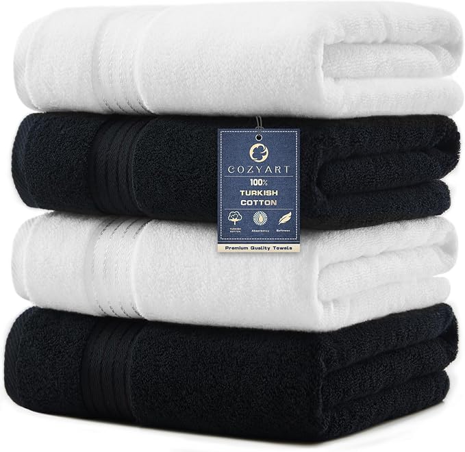 COZYART Luxury Bath Towels 4 PCS, 27x54 650 GSM Turkish Cotton, Black+White | Zero Twist 100% Ring Spun Cotton, Fluffy, Ultra Soft, Super Absorbent, Quick Dry, Large Towels for Hotel Spa Bathroom Shower