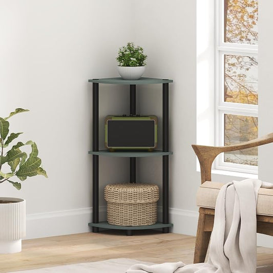 Furinno Turn-N-Tube Toolless Assembly 3-Tier Corner Shelf, Green Corner Book Shelf, Open Shelves Bookshelf, for Organization and Storage, Living Room, Home Office, Bedroom, Light Sage