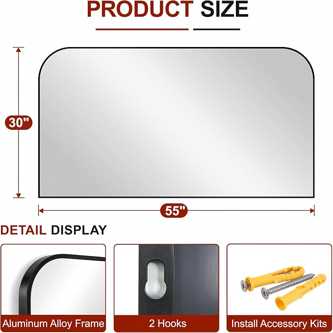 Bathroom Black Vanity Mirror for Over Sink, 30" x 55" | Metal Framed Rounded Corner, Shatterproof Glass, for Bedroom, Living room, Entryway