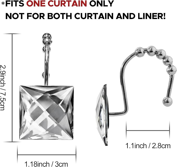Sunlit Luxury Design Square Clear Diamond Crystal Gem Bling with Glide Balls Shower Curtain Hooks, Rust Proof Metal Rhinestones Glam Shower Curtain Rings-12 Pack