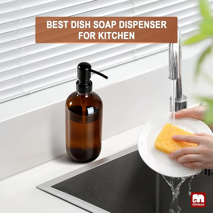 GMISUN Amber Glass Soap Dispenser, 1 Pack Dish Soap Dispensers for Kitchen with Rustproof Stainless Steel Pump, 17 Fl Oz Bathroom Hand Soap Dispenser, Brown Liquid Dishwashing Dispensers Bottle