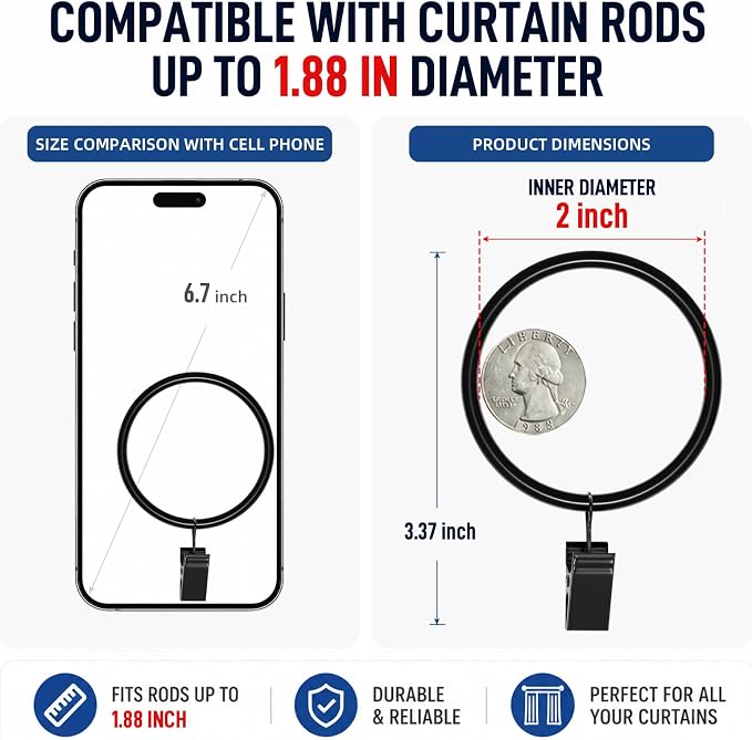 Lansian 100 Pack Curtain Rings with Clips Hooks 2 in Diameter Rustproof | Matte Metal Stainless Steel Drapery Rings for Tension Rod Bracket Eyelets Decorative Hanger, Fits 1.88 in Rods, Black