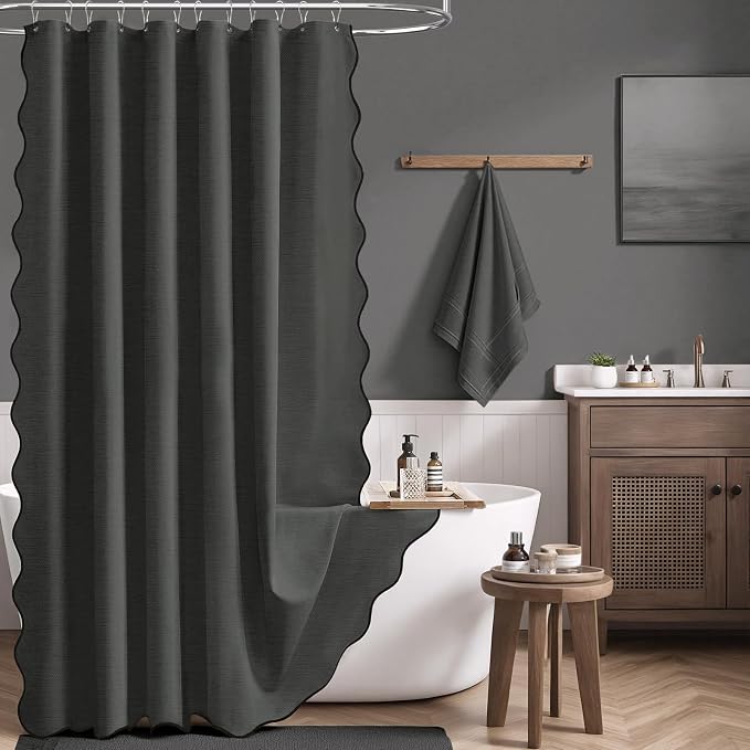 Charcoal Grey Boho Scalloped Linen Textured Shower Curtain Set, 72x72 | 230GSM Waterproof Polyester, Heavy Duty Fabric, 12 Plastic Hooks, Modern Farmhouse Style, Machine Washable, Bathroom Decor