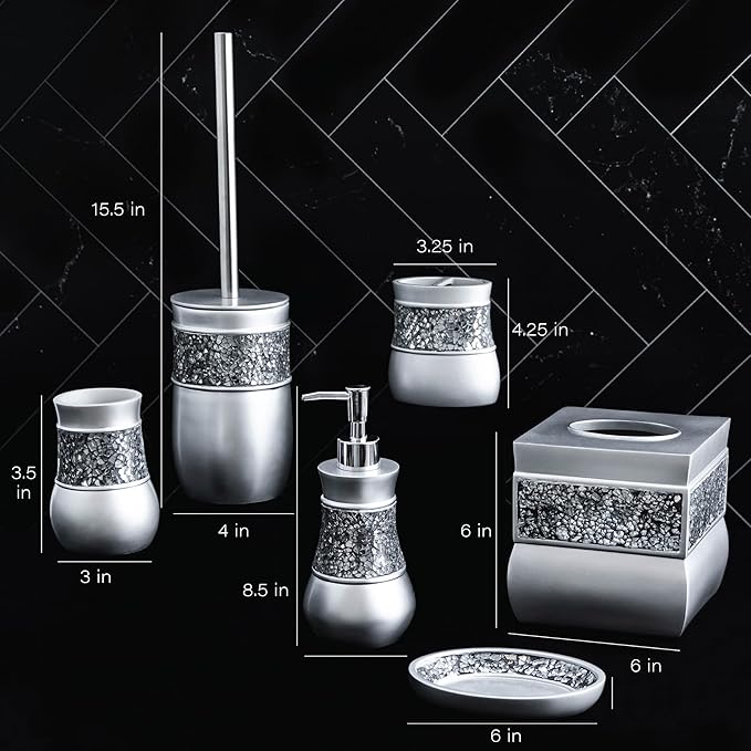 Creative Scents Crackled Glass 6 Pc. Silver Resin Bathroom Accessories Set | Includes Toilet Brush and Holder, Tissue Box Cover, Soap Dispenser, Toothbrush Holder, Tumbler Cup & Soap Dish