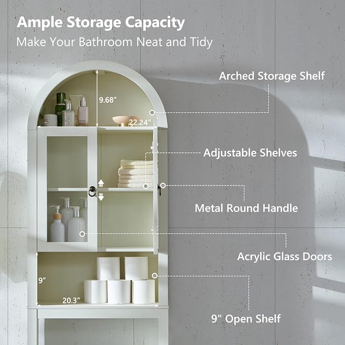 IFGET Arched Over The Toilet Storage Cabinet with Acrylic Doors, Modern Over Toilet Bathroom Organizer Shelf, Small Wooden Bathroom Storage Cabinet with Adjustable Shelf, Space Saver, Antique White