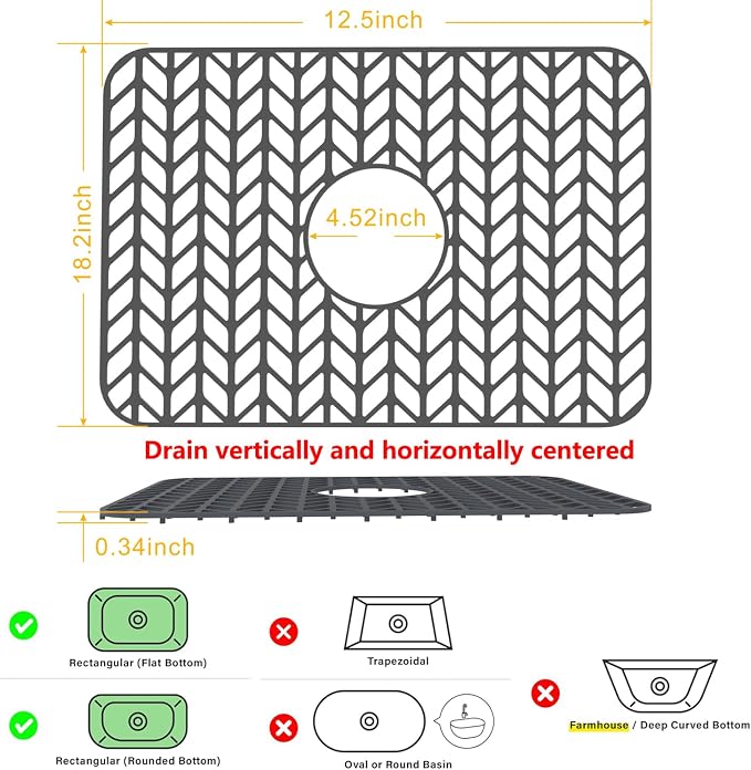 Sink Protectors for Kitchen Sink 18.2"x12.5" Center Drain Sink Mat | Various sizes and styles,Protector for sinks and dish,Withstand to 500F,Food-grade silicone ,raised feet,Dishwasher Washing