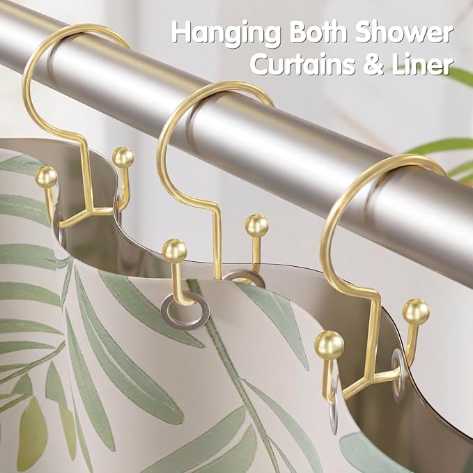 OEH Shower Curtain Hooks, Metal Shower Curtain Rings, Gold Shower Curtain Hooks Rust Proof, Double Shower Rings for Curtain, Easy Install Anti-Drop Shower Hooks for Shower Curtain (Gold, 12 Pack)