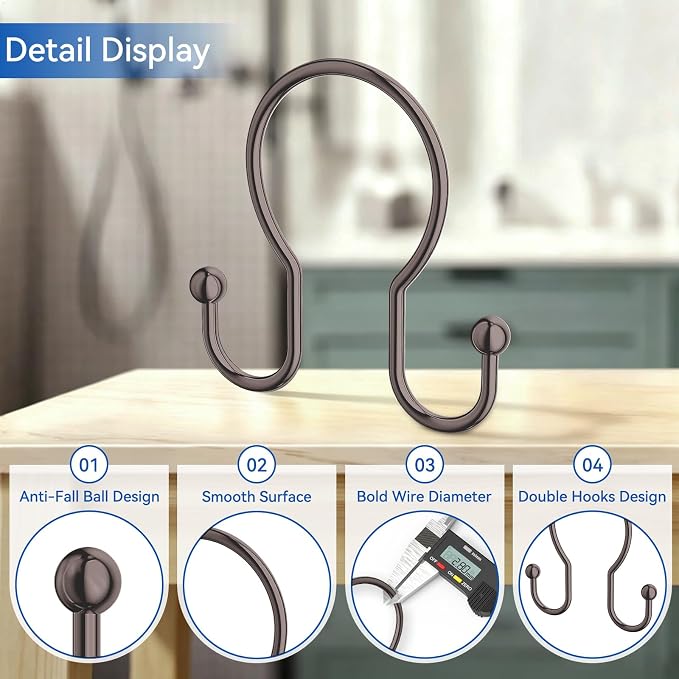 OEH Shower Curtain Hooks, 12 Pcs Minimalist Shower Curtain Rings, Metal Shower Curtain Hangers, Double Hook Shower Curtain Hooks Rust Proof, Glide Smoothly Shower Hooks for Shower Curtain Rod, Bronze