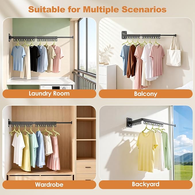 Wall Mounted Clothes Drying Rack Foldable & Space-Saving with 4 Hangers | Windproof Aluminum Laundry Drying Rack Clothing, Retractable Drying Racks for Laundry Room Balcony Bathroom, Indoor/Outdoor
