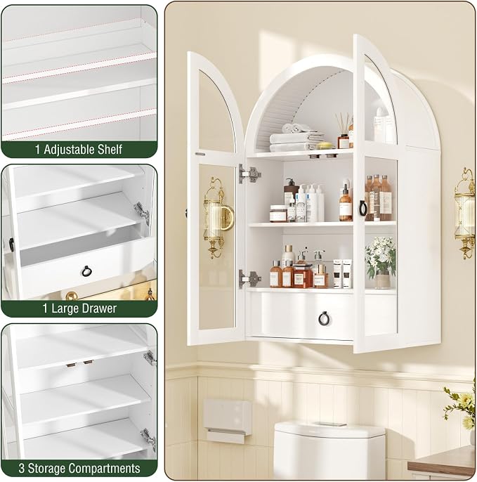 Arched Medicine Cabinet, White Bathroom Wall Cabinet with Tempered Glass Door and Adjustable Shelf for Kitchen, Living Room, Entryway, Laundry Room, Apartment, Office, Small Space