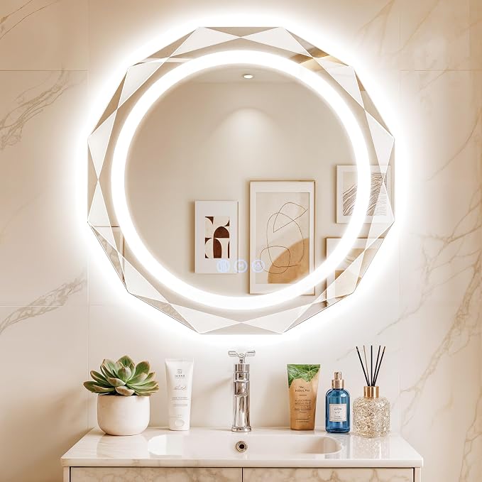 24" Round LED Bathroom Vanity Mirror, Backlit Anti-Fog Frameless | Beveled Edge, Dimmable 3 Colors, Memory Function, HD Shatterproof Tempered Glass, Lighted Mirror for Wall