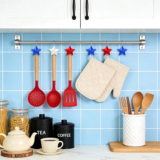 12 Pack Star Shower Curtain Hooks Patriotic Red White Blue Hangers | Resin and Rustproof Stainless Steel, Glide Smoothly Without Scratching Rods, Glitter Star Patriotic Festive Decor