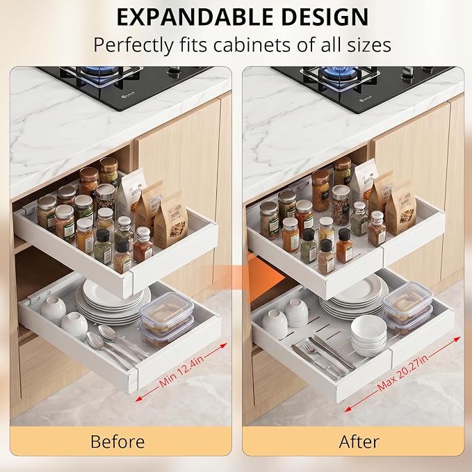 DOMNIU 4 Pack Pull Out Cabinet Organizers Expandable Width (12.4''-20.27'') | Upgrade 3 Slide Rails Sliding Drawer for Kitchen Cabinet Organizer with Adhesive Nano Film, White