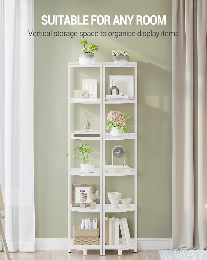 Hzuaneri Corner Shelf Stand 6-Tier Corner Bookshelf Storage Standing Shelf | Bookcase Plant Stand with Metal Frame for Living Room, Home Office, Bedroom, White CS06013W