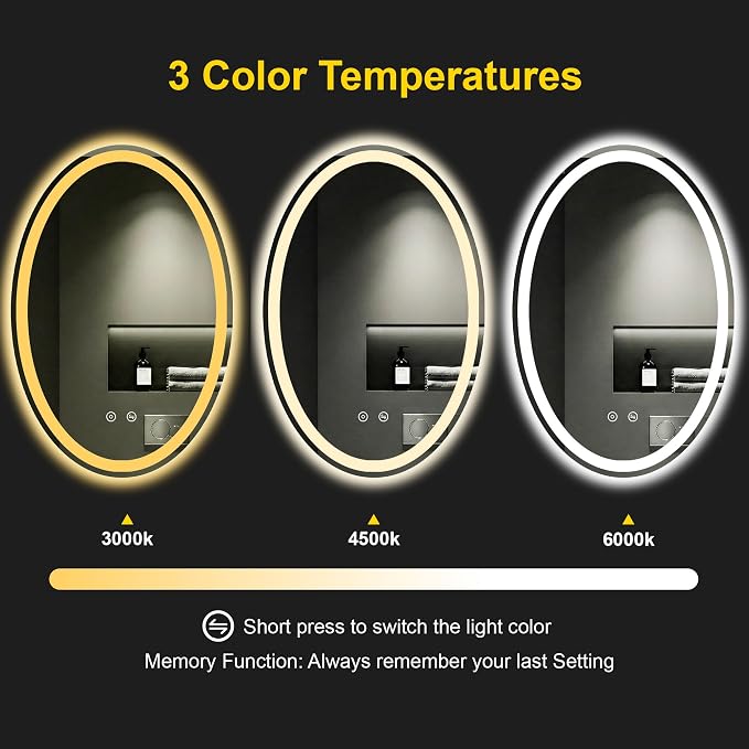 Oval LED Bathroom Mirror with Lights, 20 x 28 Inch Lighted Vanity Mirror | Anti-Fog, Dimmable 3 Colors, Backlit + Frontlit, HD Shatterproof Tempered Glass, Memory Function