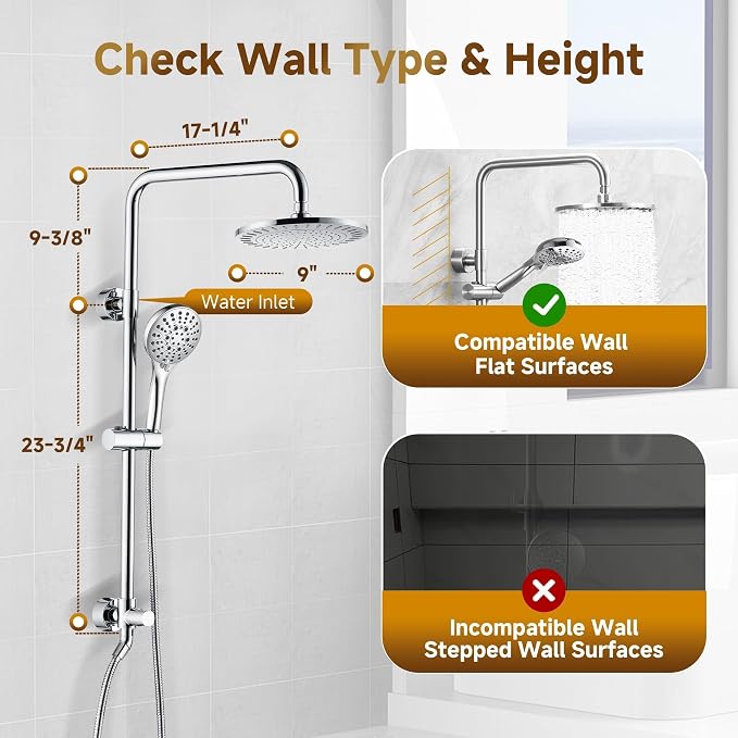 BRIGHT SHOWERS Rain Shower Heads System Including 9 Inch Rainfall Shower Head and Handheld Shower Head with Height Adjustable Holder, Solid Brass Rail and 60" Long Stainless Steel Shower Hose, Chrome
