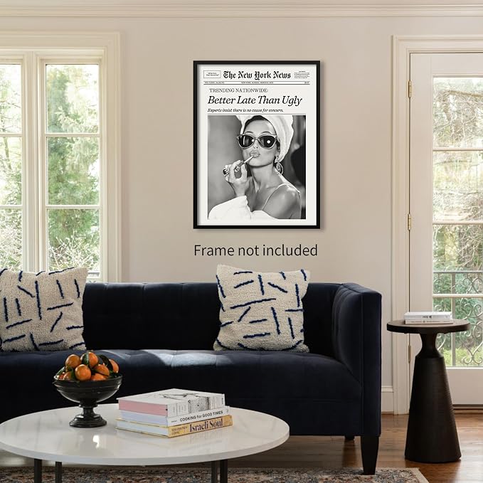 Haitunone Black and White Newspaper Canvas Poster Better Late Than Ugly Quotes Wall Art Fashion Feminist Aesthetic Prints Bar Cart Wall Decor for Girls Bathroom 16X24inch Unframed