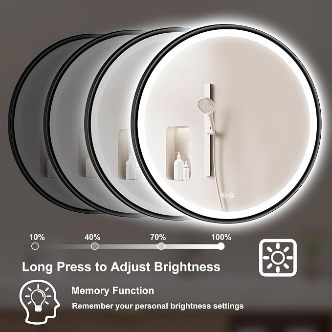 S'bagno 24'' Round Black LED Mirror for Bathroom with Frontlit & Backlit, Metal Frame, Anti-Fog, Stepless Dimmable, 3 Colors Temperature Vanity Mirror
