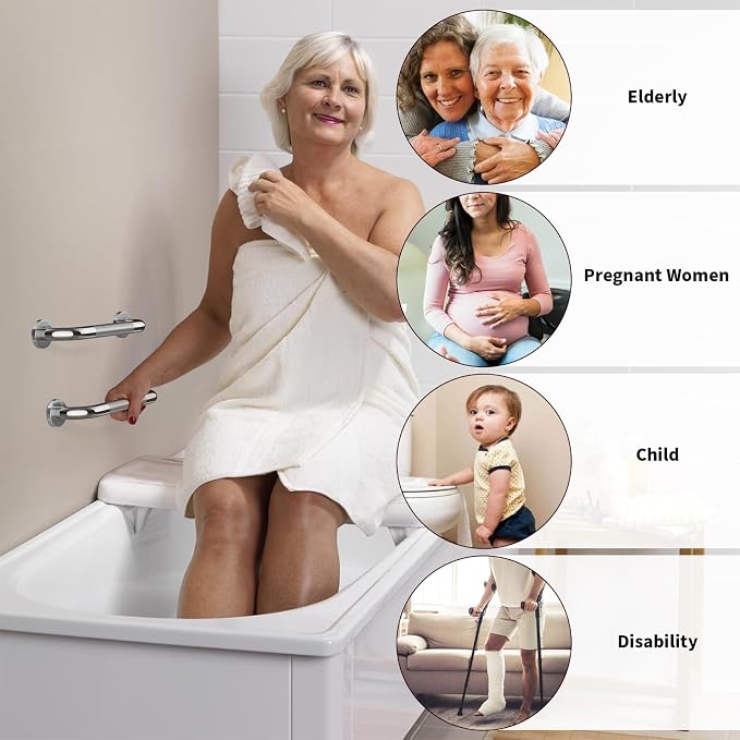 ZUEXT 12 Inch Chrome Knurled Anti Slip Stainless Steel Shower Grab Bar | Bathroom Balance Support Rail, Assist Handle for Handicap, Elderly, Seniors, Wall Mount Rustproof Bath Safety Handrail
