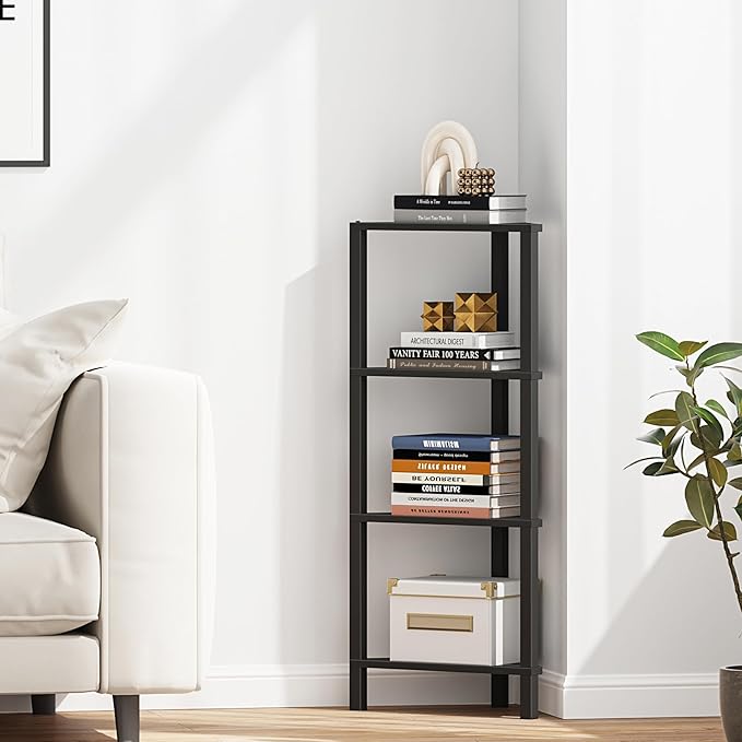 TUTOTAK Corner Shelf, 4-Tier Corner Bookshelf for Small Space | Narrow Display Corner Shelf Stand with Storage Rack, for Living Room, Bedroom, Black BS05BK004