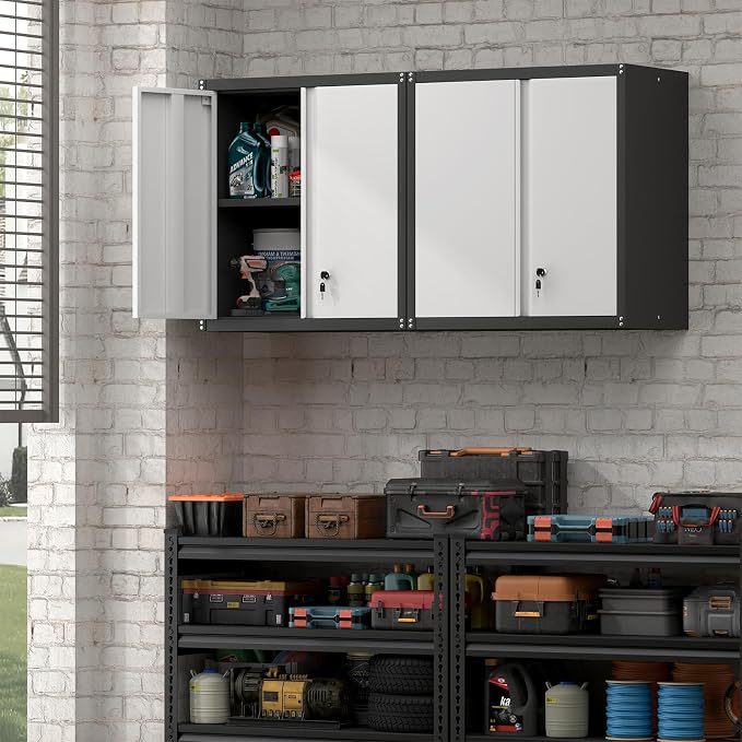 Steel Wall Cabinet, Heavy Duty Hanging Garage Storage Cabinet with Adjustable Shelf & Locking Doors, Wall Mounted Metal Garage Cabinet for Workshop, Utility Room, Shed, Black/Grey
