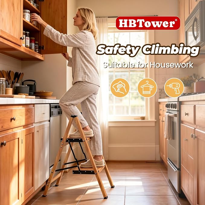 HBTower 2 Step Ladder, Lightweight Aluminum Folding Step Stool | Anti-Slip Wide Pedal, 330lbs Capacity Step Ladder for Household Kitchen Office, Woodgrain