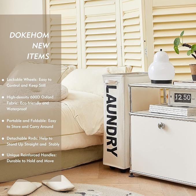 DOKEHOM 25" Slim Rolling Laundry Basket Hamper, Narrow on Wheels, Beige | Collapsible narrow laundry hamper with mesh drawstring closure. Foldable corner clothes storage bin for small spaces