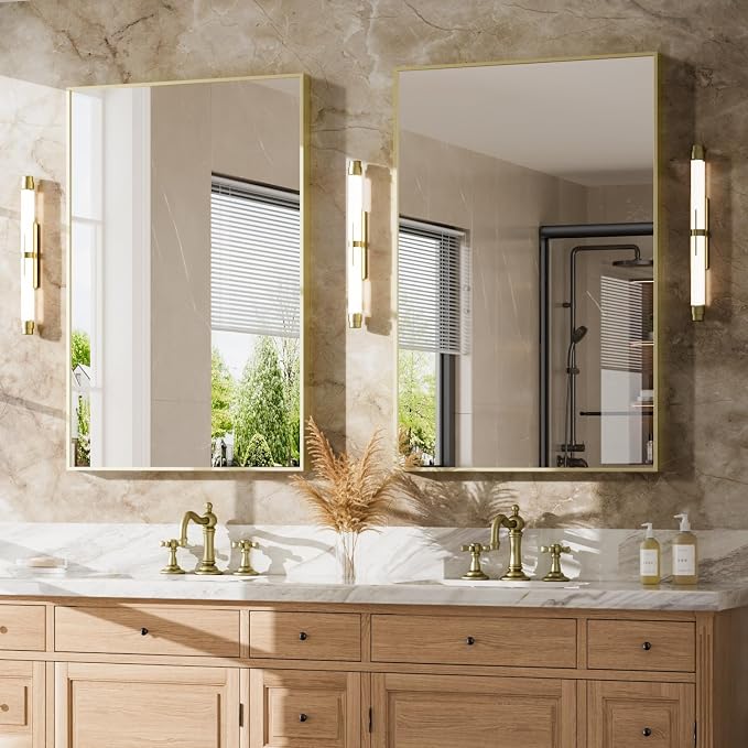 24"x30" Bruhed Gold Rectangle Vanity Bathroom Mirror, Set of 2 | Aluminum Alloy Frame, Clear Reflection, Rust-Resistant, Vertical or Horizontal, Wall Mount, Bedroom and Entryway