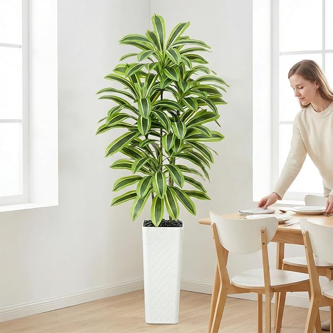 Artificial Yellow Dracaena Tree Indoor, 7FT Tall Fake Floor Plants with White Planter & Pebbles, Faux Silk Yucca Tree for Home Office Living Room Bedroom Farmhouse Modern Outdoor Topiary Tree