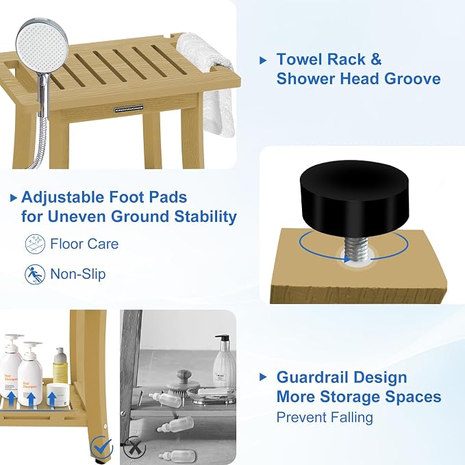 KingPavonini HDPS 18.6'' Shower Bench for Inside Shower, Bamboo M | Waterproof Shower Stool for Shaving Legs, 400 lb, Bathroom Chair Seat with Storage Shelf, for Tub/Outdoor Use, Quick Assembly