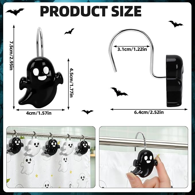 Halloween Shower Curtain Hooks 12 Pcs Ghost Pumpkin Decor Set | Resin Metal Standard Size, Smooth Gliding Rustproof, Bat Skull Spider Cat Designs, Bathroom Festive Home Accents