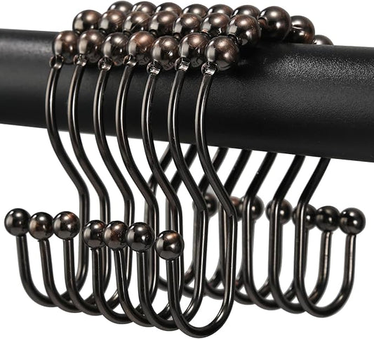 Shower Curtain Hooks, OEH Shower Curtain Rings, Bronze Shower Curtain Hooks Rust Proof, Smooth Gliding Metal Shower Curtain Rings Rust Proof, Double Shower Hooks for Shower Curtain, 12 Pcs, Bronze