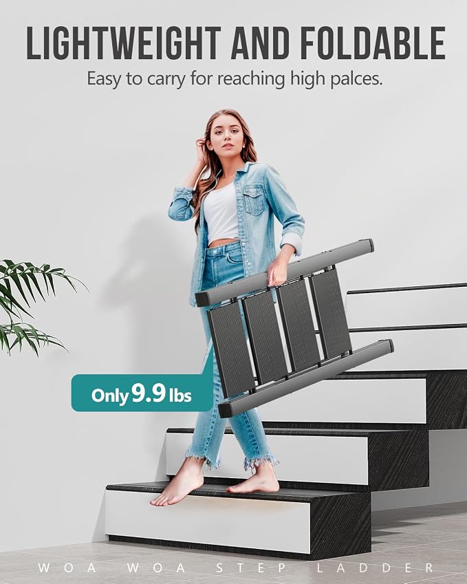 4 Step Foldable Step Stool, 300lbs Load, Black | Folded 43''H x 2''T; Net 9.9 lbs; Non-Slip Feet: Wood/Tile/Carpet; Rigid Aluminum Steps; No Assembly; Ready From Box.