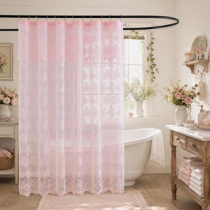 TUDECO Pink Lace Shower Curtain 84 Inch Longh with Attached Valance | 72W x 84L Inch, Long Bathroom Curtain, Coquette Feminine Charm, Soft Color, Brightens Space, Scalloped Edges Reinforced Holes