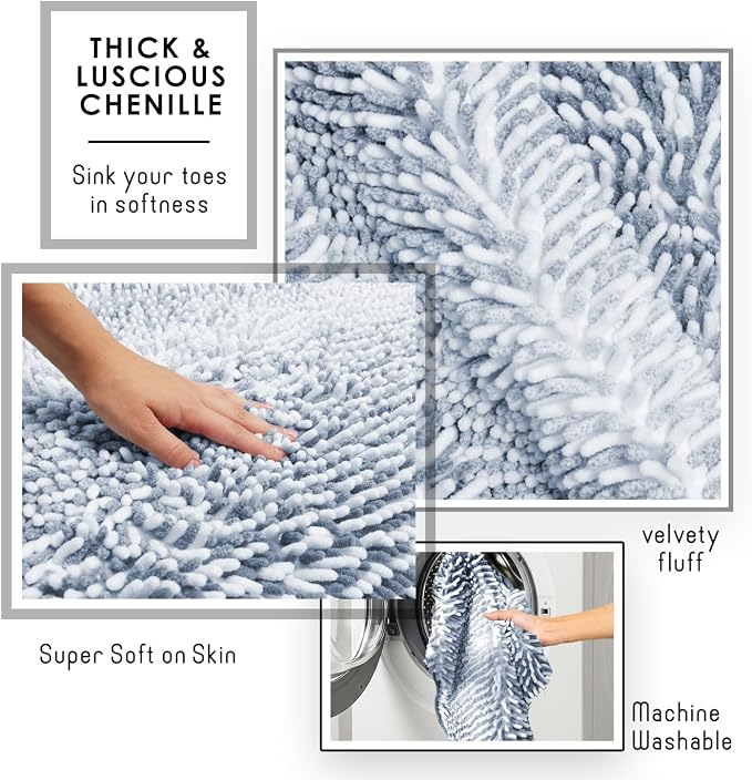 Hearth & Harbor Bathroom Rugs, Chenille Bath Mat - Machine Washable Bath Mats for Bathroom Non-Slip Backing Rubber, Quick Dry Bathroom Mat, 26 x 44 - Ombre Blue