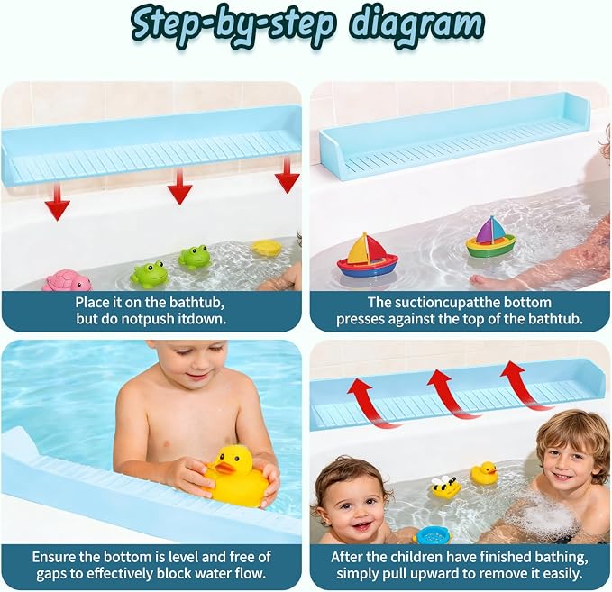 Kids Bathtub Splash Guard, Shelf & Toddler Bath Toy Tray -Blue | Bathtub Splash Guard PlayPad Shelf Area with Strong Suction Cups, Bathtub Ledge Guard, Fun Bath Time for Toddlers Baby
