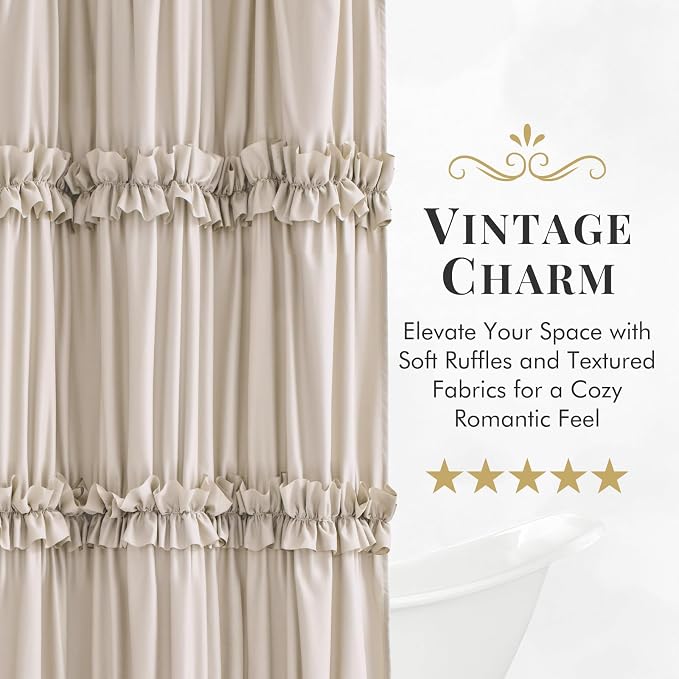 LIPA Boho Shower Curtain Rustic Ruffle Shower Curtain with Ruched & Bow Vintage Farmhouse Shower Curtains for Bathroom Bohemian Bathroom Decor(Beige,72x72 Inches)