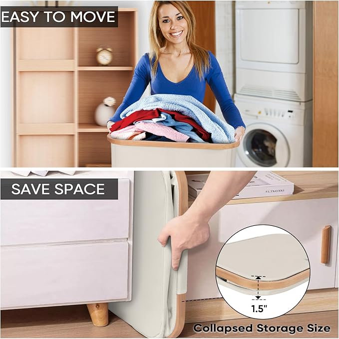 BALEINE Laundry Hamper with Lid, Tall Laundry Baskets with Bamboo Pull Handles, Large Laundry Bin with Internal Support (36 Gal/140L, Beige)