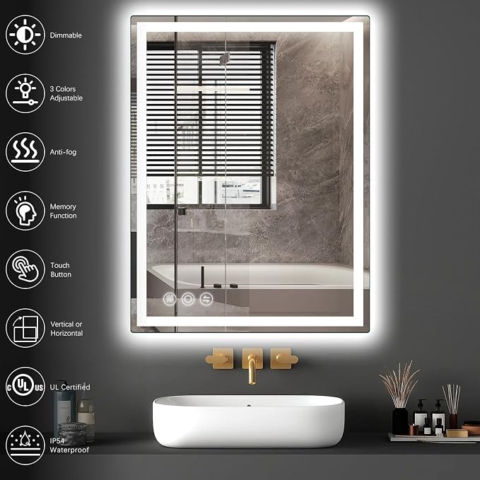24" x 36" LED Bathroom Mirror with Lights, Memory Vanity Mirror | Anti-Fog, 3 Color Modes, Dimmable, Front Lit, Memory Function, Tempered Glass, Lighted Bathroom Mirror for Wall