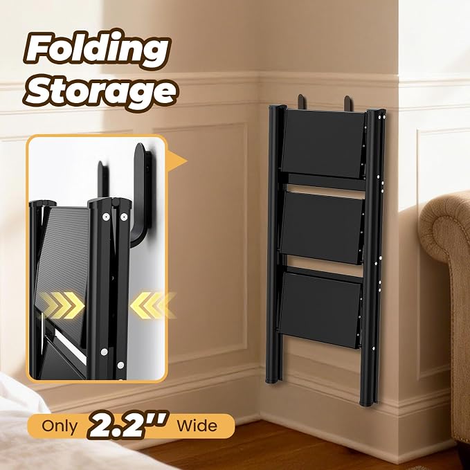 HBTower 3 Step Ladder, Lightweight Aluminum Folding Step Stool | Anti-Slip Wide Pedal, 330lbs Capacity Step Ladder for Household Kitchen Office, Black
