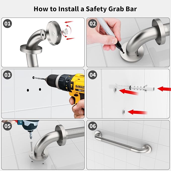 Brushed Nickel Grab Bar 20 Inch, Grab Bar for Bathtub and Shower | Anti-Slip Knurled Grip, Stainless Steel, Bathroom Assist Handle Handrail, Handicap Support Bars for Toilet, 1.25" Diameter