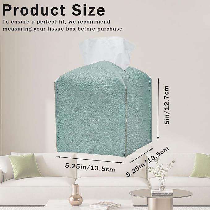 1PC Square Tissue Box Cover, PU Leather Square Tissue Box Holder with Bottom Belt Modern Tissue Box Organizer for Bathroom/Car/Hotel/Office (5.25”x5.25”x5”, Light Blue)