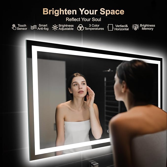 LED Mirror for Bathroom 30x55 Inch, Dimmable Front & Backlit Vanity Mirror with Anti-Fog, 3 Color Modes, Memory Function, Shatterproof Tempered Glass, Horizontal or Vertical Mount