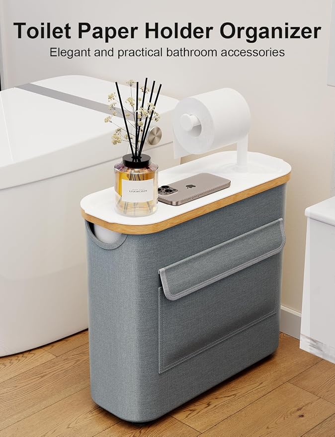 Toilet Paper Basket with Holder, Tray and Bamboo Frame, 12 Rolls, Gray | Waterproof Oxford fabric, privacy pocket, viewing window and suction-cup base for 9 mega or 12 regular rolls plus 1 in use