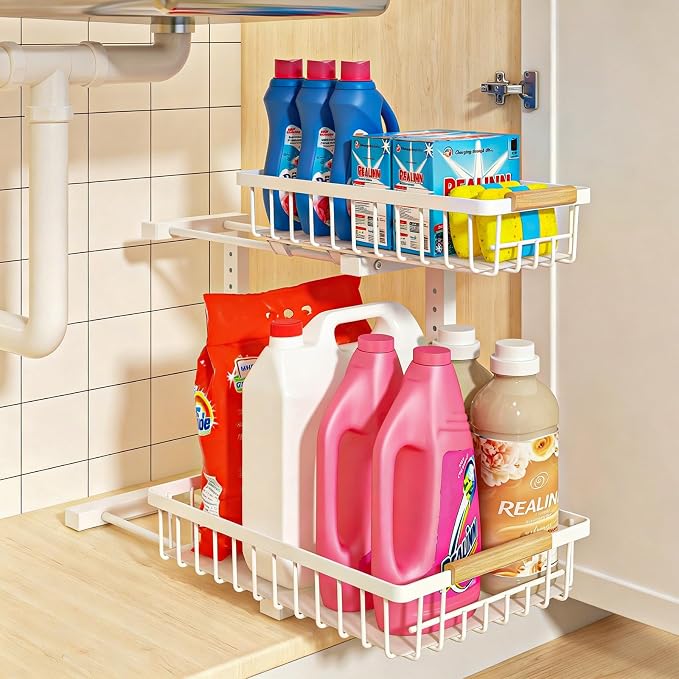 Under Sink Organizer, Height Adjustable Under Sink Organizers and Storage, 2 Tier Pull Out Drawer Cabinet Storage for Kitchen Bathroom, 1 Pack, White | cabinet organizer, 5 level adjustable, quiet sliding rails, dual suction and nano tape, no drill, ru...
