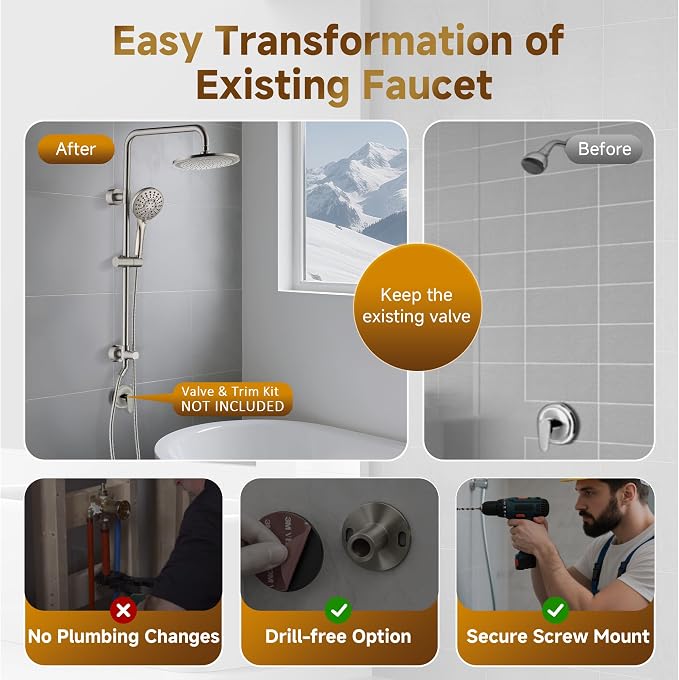 BRIGHT SHOWERS Rain Shower Heads System Including Rainfall Shower Head and Handheld Shower Head with Height Adjustable Holder, Solid Brass Rail, 60 Inch Long Stainless Steel Hose, Brushed Nickel