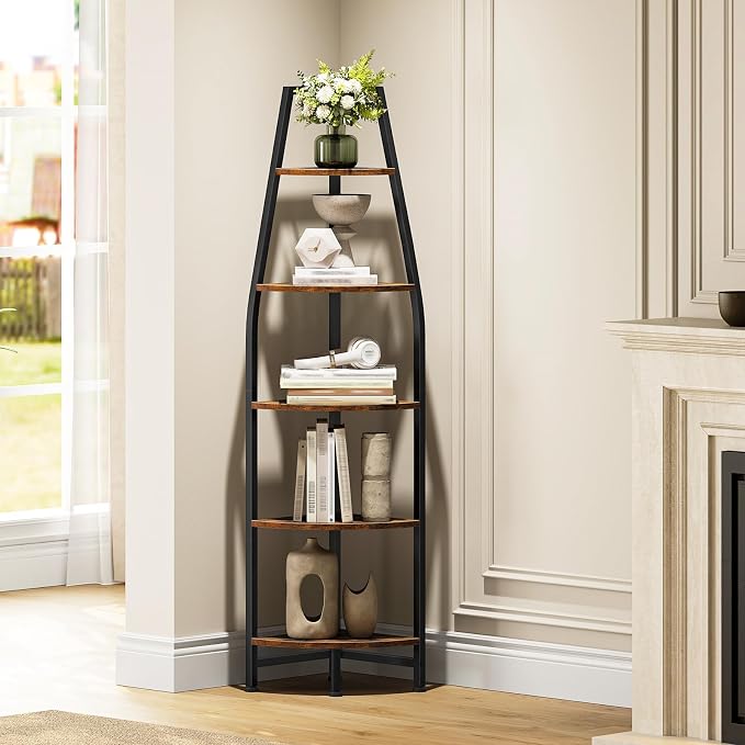 Corner Shelf with Lights, Corner Bookshelf with Metal Frame, 5-Tier Tall Ladder Shelf, Storage Rack for Home Office, Bedroom, Living Room, Rustic Brown and Black TCJ71DBF