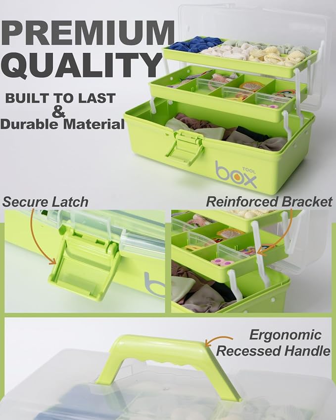 TERGOO 12in 3-Layer Plastic Craft Organizers and Storage, Portable Folding Tackle Box with Handle & Adjustable Dividers, Multipurpose Case for Sewing, Art Supplies, Medicine, Tools (Green)