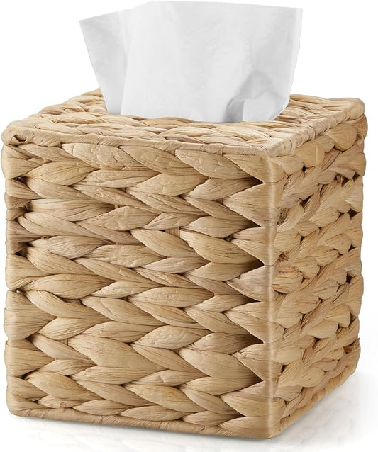 Tissue Box Cover Square, Water Hyacinth Hand-Woven Tissues Cube Box Holder, Woven Facial Tissue Holder for Bathroom Counter, Vanity, Bedroom, Office, Natural Boho Decorative